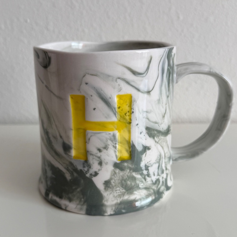 Anthropologie Marbled Monogram Initial H Mug Grey Green White Yellow Ceramic Cup